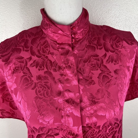 Greenwich Square Button Down Top Women 11/12 Pink Floral Embossed Satin Mandarin - Picture 9 of 13